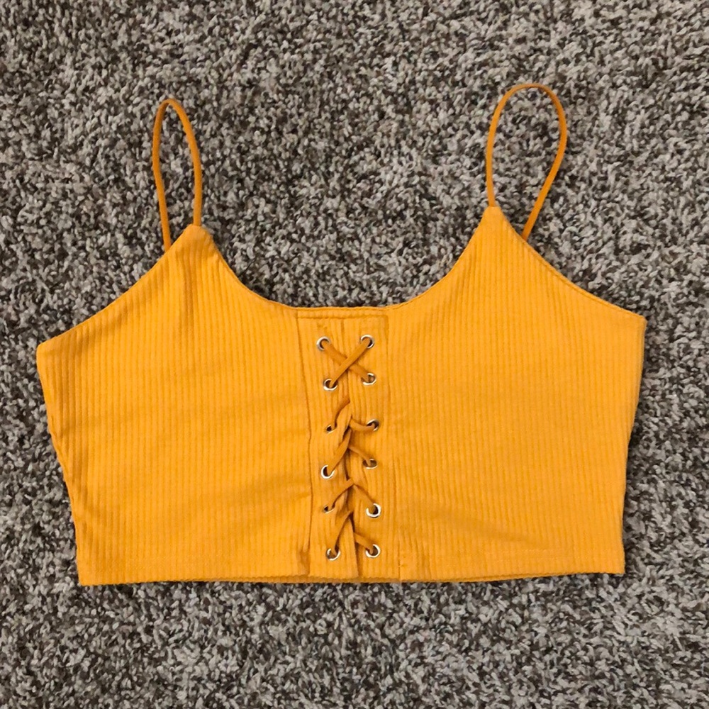 mustardy/orange tie up crop top